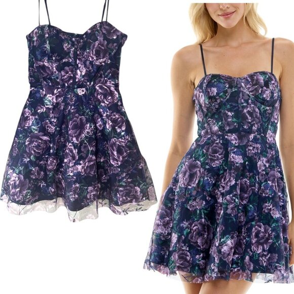 TRIXXI PURPLE FLORAL CORSET MESH FIT FLARE PARTY DRESS SZ. 9 MEDIUM NWT - Picture 2 of 5